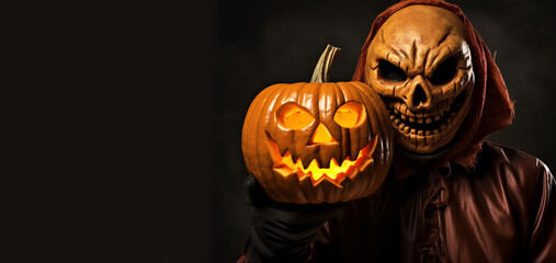 Scary smiling zombie with a skull head, in an orange jacket, holding an orange Halloween pumpkin in his hands