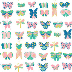 seamless pattern of colorful bright insects, twigs, hearts. Perfect for wallpapers, gift paper, greeting cards, fabrics, textiles, web designs. Vector illustration. Hand drawn.