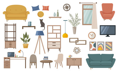 Isolated set of home interior items. Home furniture.
Living room interior with furniture, table, shelves with books and home flowers, floor lamp, TV, computer. Vector illustration in a flat style.