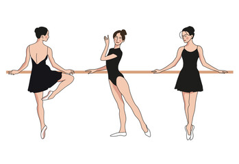 Three young ballet dancers stand in different poses on a white background. Illustration of a ballerina in special dance dresses. Vector flat illustration. © Loya.art