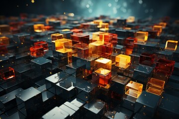 Abstract 3d render composition of colorful glossy cubes. The cubes vary in size, shape, and color, creating a vibrant and dynamic scene. Generative AI