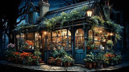 Obraz premium Drawing an old house with flower pots outside Generative AI