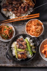Mouthwatering Kalbi Delight: Top Close-Up of Delicious Grilled Kalbi on Steamed White Rice, Sizzling in a Cast Iron Pan, in 4K Resolution