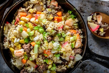 Satisfying Comfort: Close-Up of Chicken Fried Rice with Fresh Vegetables, Captured in 4K Resolution