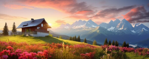 Fototapeta premium Scenic sunrise in the Alp mountains with mountain cottage in background, panorama.