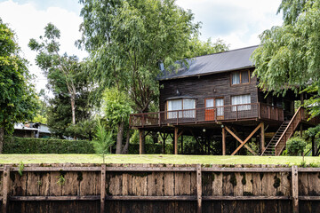 Boat tour on the Parana Delta, Tigre, Buenos Aires, Argentina. Palm trees, construction site of modern brick house.