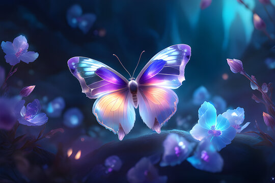 transparent galss butterfly surrounded by flowers, generative ai