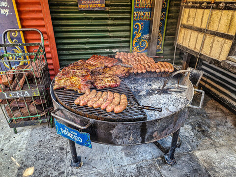 Argentine food called Parrillada served in the La Boca neighborhood, Buenos Aires, Argentina