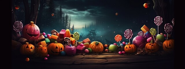 Halloween sweet colorful candies dark background