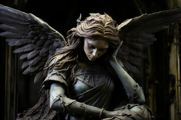 Fototapeta premium A sculpture crafted from stone or bronze, featuring angelic figures or symbolic motifs commonly found in cemeteries, symbolizing the connection between life, death, and the eternal Generative AI