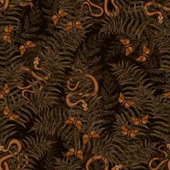 Vintage Botanical mystical seamless pattern with fern leaves snakes and night moths Detailed drawn drawing of plants reptile Wicca illustration Mystic Dark Forest for print wallpaper textile design © Fisenko Nataliia