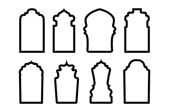 Set of contour design in Arabic style. Oriental window and door shape. Islamic arch. Eastern geometric shape. Vector illustration.