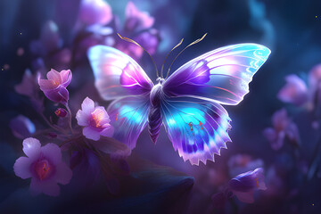 transparent butterfly in glass with flowers, generative ai