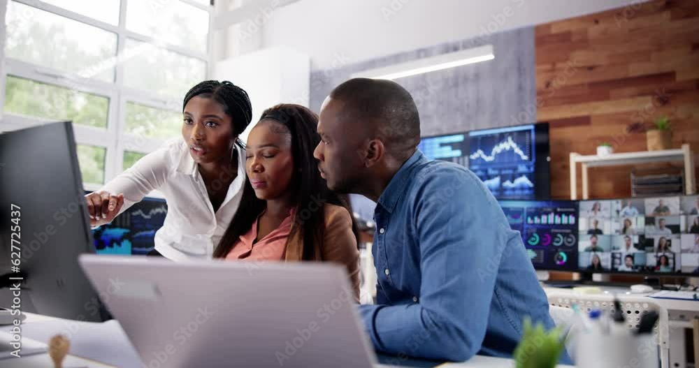 Poster african financial data analysts using dashboard on screens