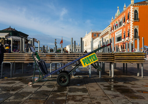 Luggage cart in front of an hotel, Veneto, Venice, Italia