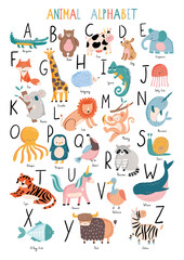 Cute Cartoon Animals alphabet for kids education, posters, kids rooms.  Hand drawn style characters  © Naticuteart