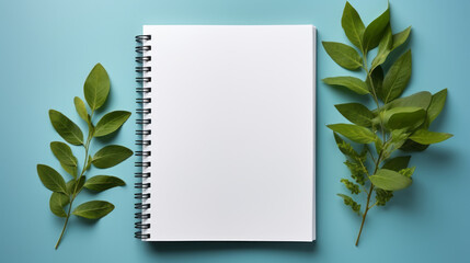 Blank spiral notebook with fresh green leaves on blue background