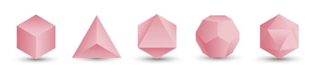 Set of pink vector editable 3D platonic solids isolated on white background. Mathematical geometric figures such as cube, tetrahedron, octahedron, dodecahedron, icosahedron. Icon, logo, button.