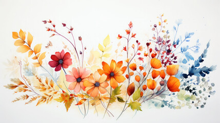 Botanical frame from fall foliage and flower, Beginning of autumn, hello fall, watercolor style