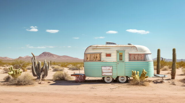 An abandoned retro vintage caravan stands in the desert with lots of cacti on a sunny day. The blue sky offers copy space
