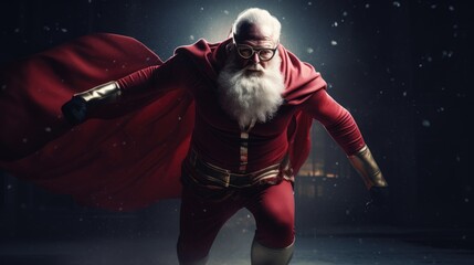 Santa Claus as superhero, wearing cape. Created with Generative AI.