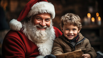 Obraz premium Santa with children and presents. AI generative.