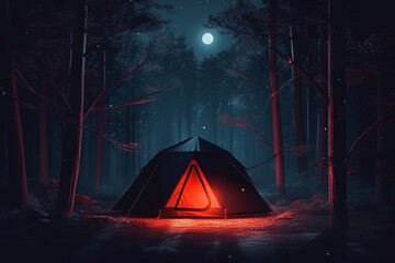 Tent in the dark forest at night with a full moon. 3D Rendering
