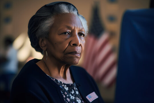 African American Old Woman Casting Vote At US Polling Station