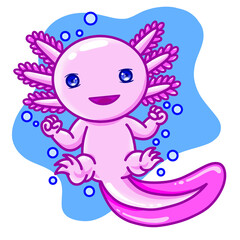 Pink axolotl cartoon isolated with blue water background. Cute axolotl illustration. 