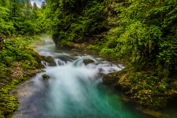 A long exposure view of the Radovna River flowing over rapids in the Vintgar Gorge in Slovenia in summertime