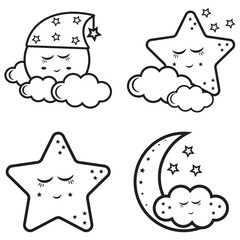 The moon, clouds and stars of kawaii are sleeping, vector illustration, contour