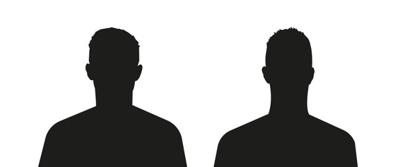 Vector flat illustration. Black silhouette of two boys. Avatar, user profile, person icon, profile picture. Suitable for social media profiles, icons, screensavers and as a template.