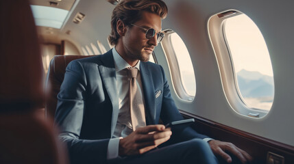 Fototapeta na wymiar A businessman in a private plane, looking out the window