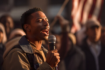 African American person shouting through megaphone while being on anti-racism protest