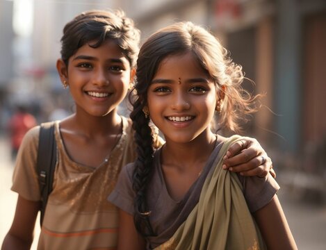 Happy poor brother and sister live in slum in India