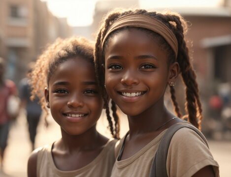 Happy poor two sisters live in a slum in Africa