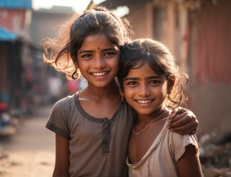 Happy poor two sisters live in a slum in India