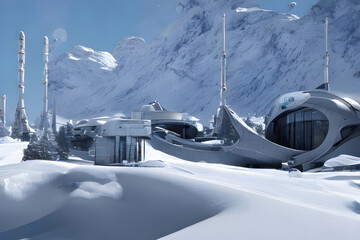 Futuristic Arctic station against the mountains. Generative AI