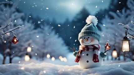Snowman in winter forest. Christmas and New Year holidays background, Generative AI