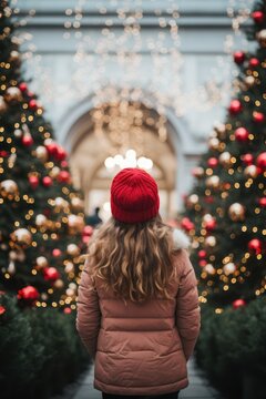 A young girl in a red hat stands against the background of a Christmas tree, Generative AI