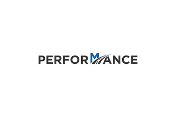 Performance text linked M initial letter with tol way icon symbol logo design