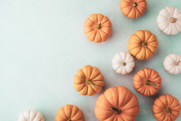 Various small decorative pumpkins on blue background top view. Autumn, Thanksgiving or Halloween minimalist greeting card