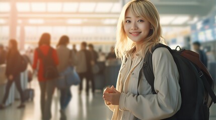 Fototapeta premium 旅行を楽しむ笑顔の日本人女性（空港・飛行場）