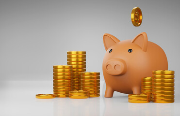 piggy bank with gold coin stacking and falling 3D render minimal background for business concept financial, banking and investment with money growth success.