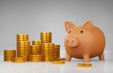 piggy bank with gold coin stacking 3D render minimal background for business concept financial, banking and investment with money growth success.