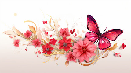 Digital scene purple red and pink flower and gold butterfly white background