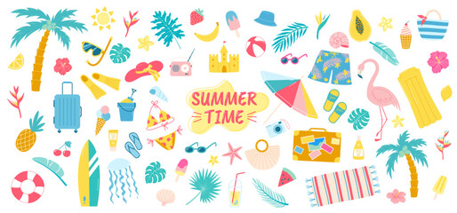 Big summer beach vacations set. Sea and ocean vacations accessories and play equipment. Vector summer illustrations set - obrazy, fototapety, plakaty