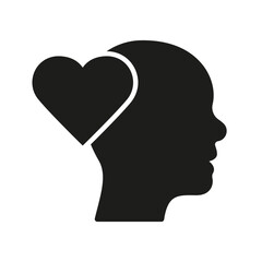 Empathy, Passion, Sympathy Feeling Silhouette Icon. Heart Shape and Human Head Glyph Pictogram. Kindness and Inspiration Solid Sign. Intellectual Process Symbol. Isolated Vector Illustration