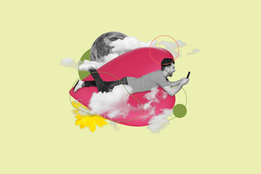Artwork collage of mini black white colors guy flying clouds sky full moon use smart phone big heart symbol flower isolated on green background