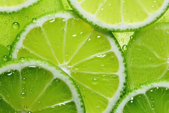 Slices of fresh juicy green lemons. Lime fruit cut texture. Citrus section pattern. Vibrant color summer design. Flat lay, top view
